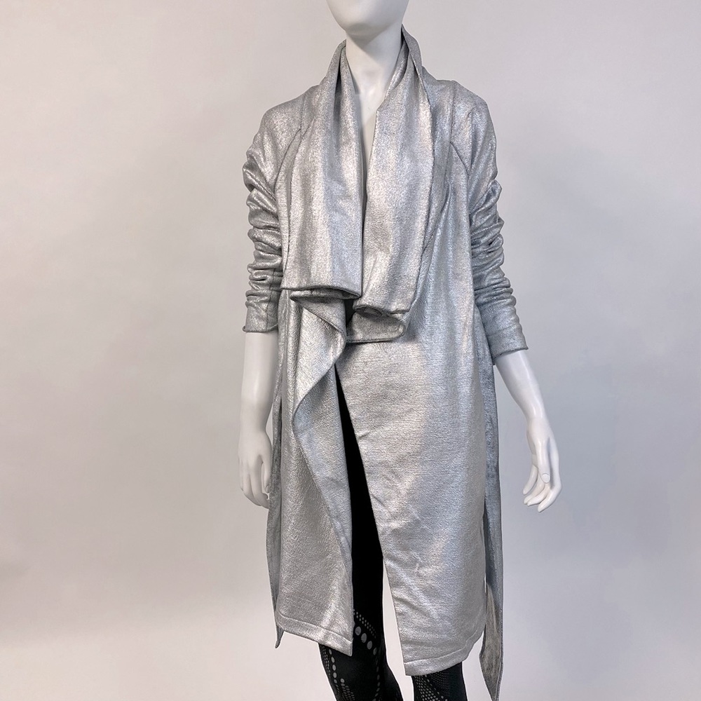 Long Futuristic SILVER wrap jacket coat with belt